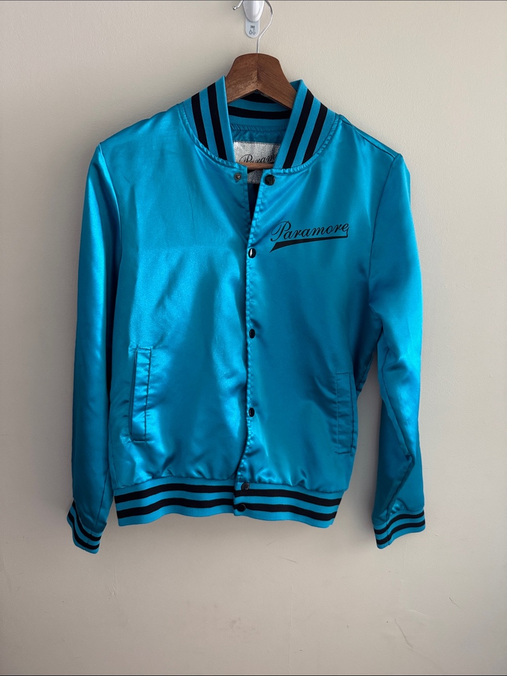Paramore Varsity Jacket- Hot Topic Bright Turquoise Satin Sz M